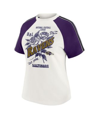 Women's White Baltimore Ravens Sleeve Stripe Distressed Raglan T-Shirt