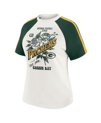 Women's White Green Bay Packers Sleeve Stripe Distressed Raglan T-Shirt