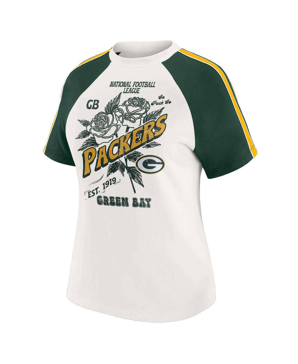 Wear By Erin Andrews Women's White Green Bay Packers Sleeve Stripe Distressed Raglan T-shirt In White