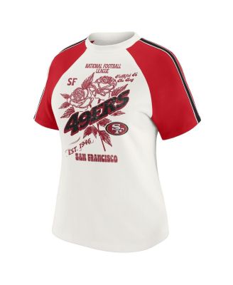 Women's White San Francisco 49ers Sleeve Stripe Distressed Raglan T-Shirt