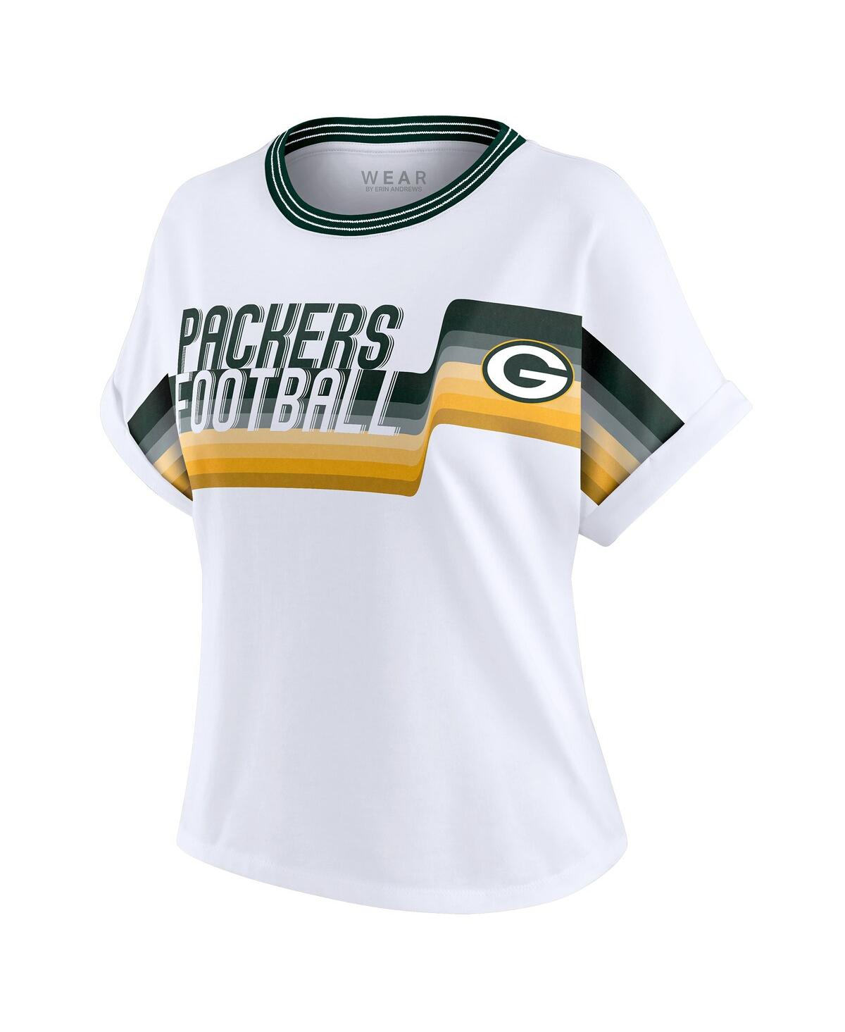 Wear By Erin Andrews White Green Bay Packers Cropped Center Stripe Dolman T-shirt In White