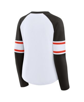 Women's White/Brown Cleveland Browns Redzone Blitz Package Raglan Lace-Up V-Neck Long Sleeve T-Shirt
