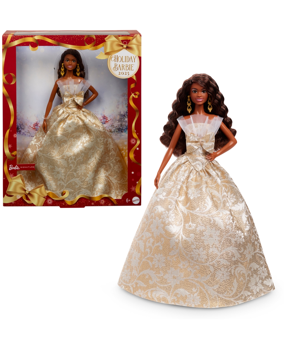Barbie 2025 Holiday  Doll Black Hair In Gold
