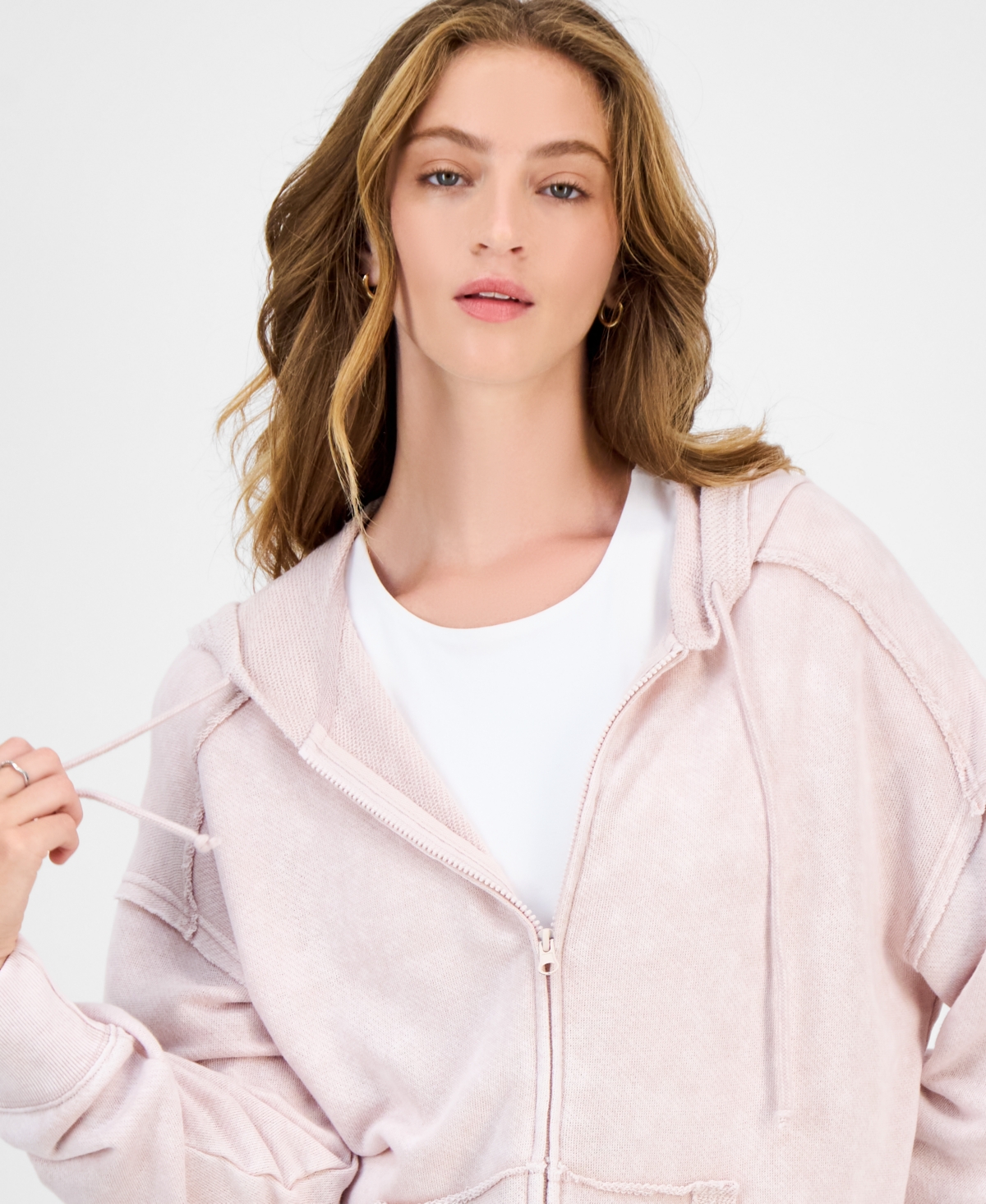 Pink Rose Hippie Rose Juniors' Mineral Wash Zip-up Hoodie In Pink