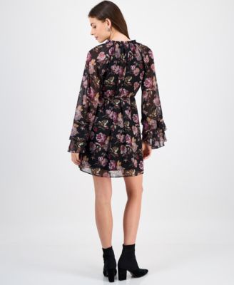 Women's Flare-Sleeve Ruffled Dark Rose Mini Dress