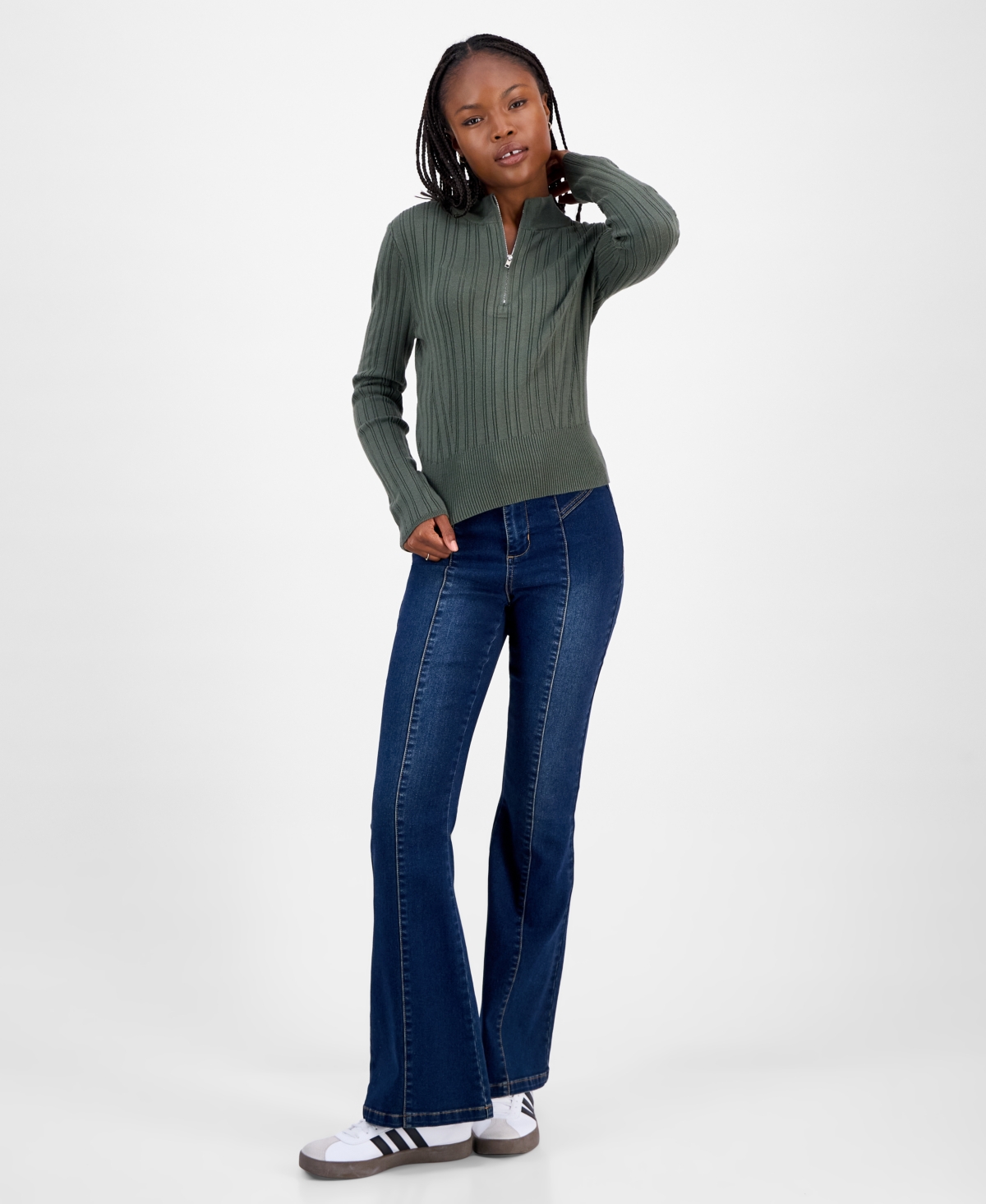 Hooked Up By Iot Juniors' Variegated Rib-knit Half-zip Sweater In Green