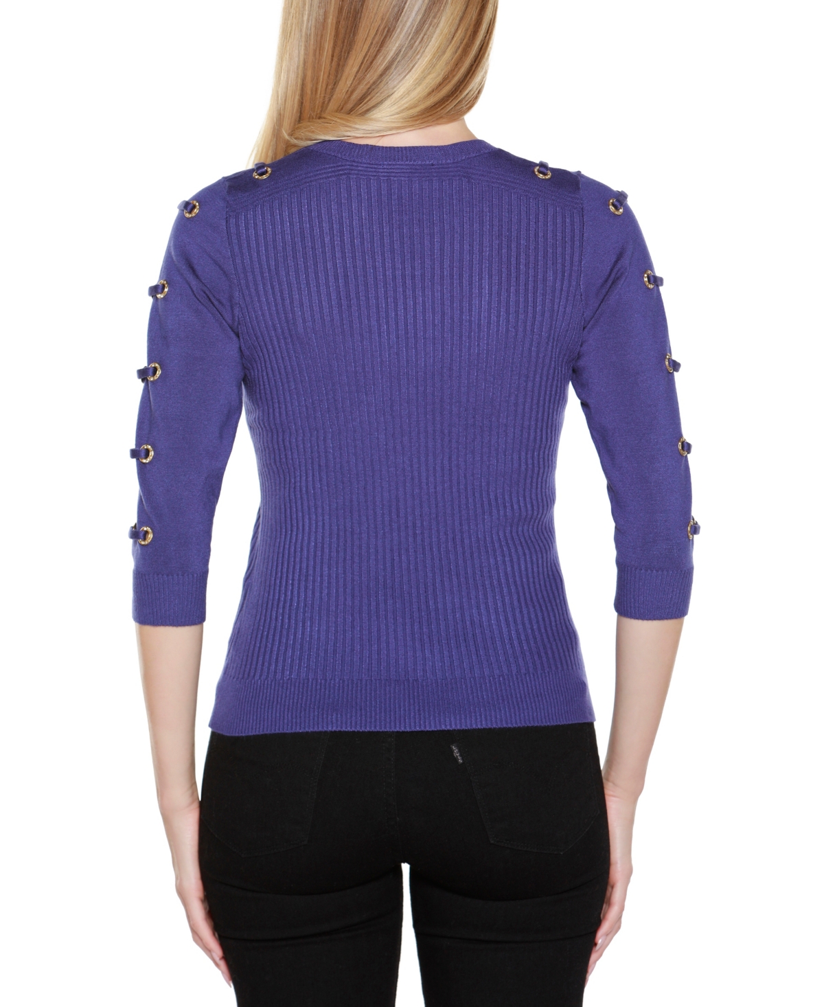 Belldini Plus Size Grommet-trim Ribbed Sweater In Blue
