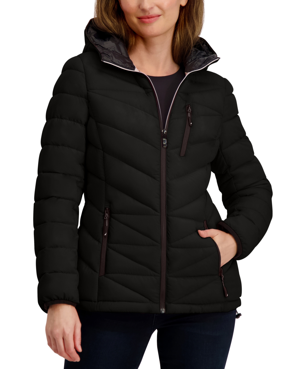 Nautica Women's Hooded Zip-front Puffer Coat In Black