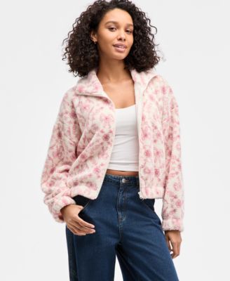 Hippie Rose - Juniors' Printed Zip-Up Sherpa Jacket