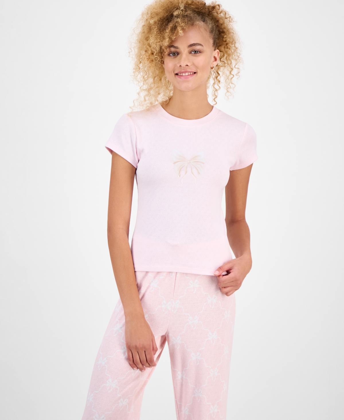 Just Polly Juniors' Pointelle Short-sleeve Top In Pink