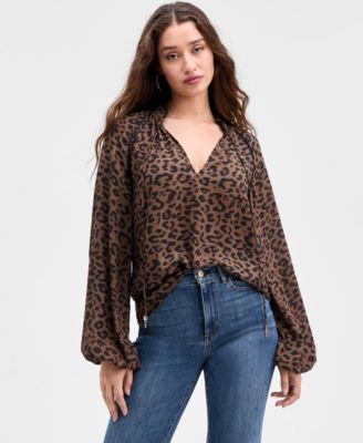 GUESS - Women's Josette Lace-Trim Leopard-Print Top