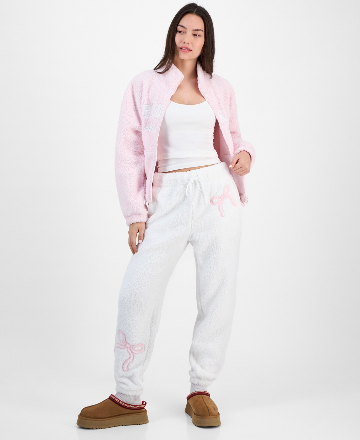 Madden Girl Juniors' Sherpa Fleece Bow Jogger Pants In White