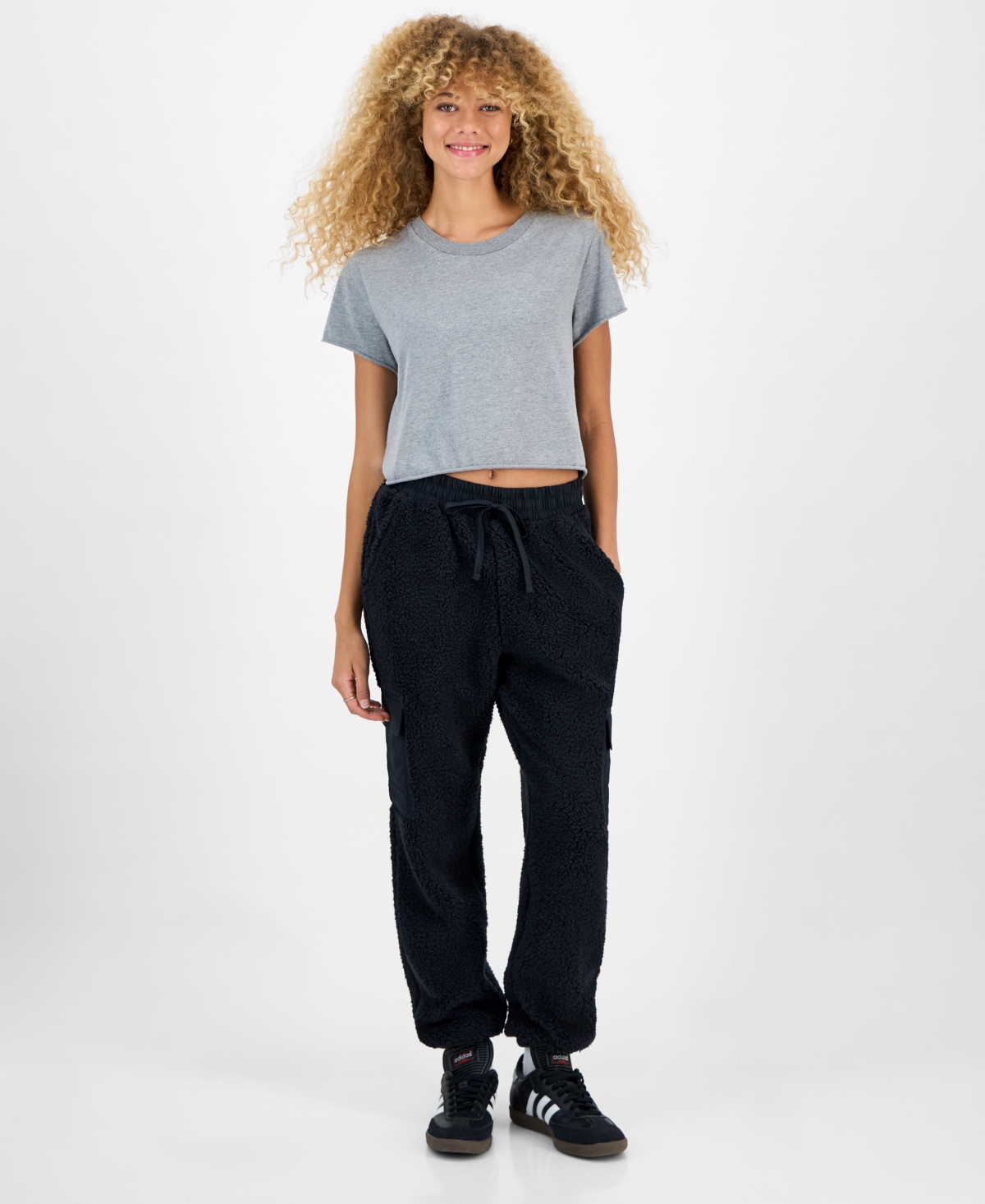 Hippie Rose Juniors' Sherpa Cargo Jogger Pants In Black