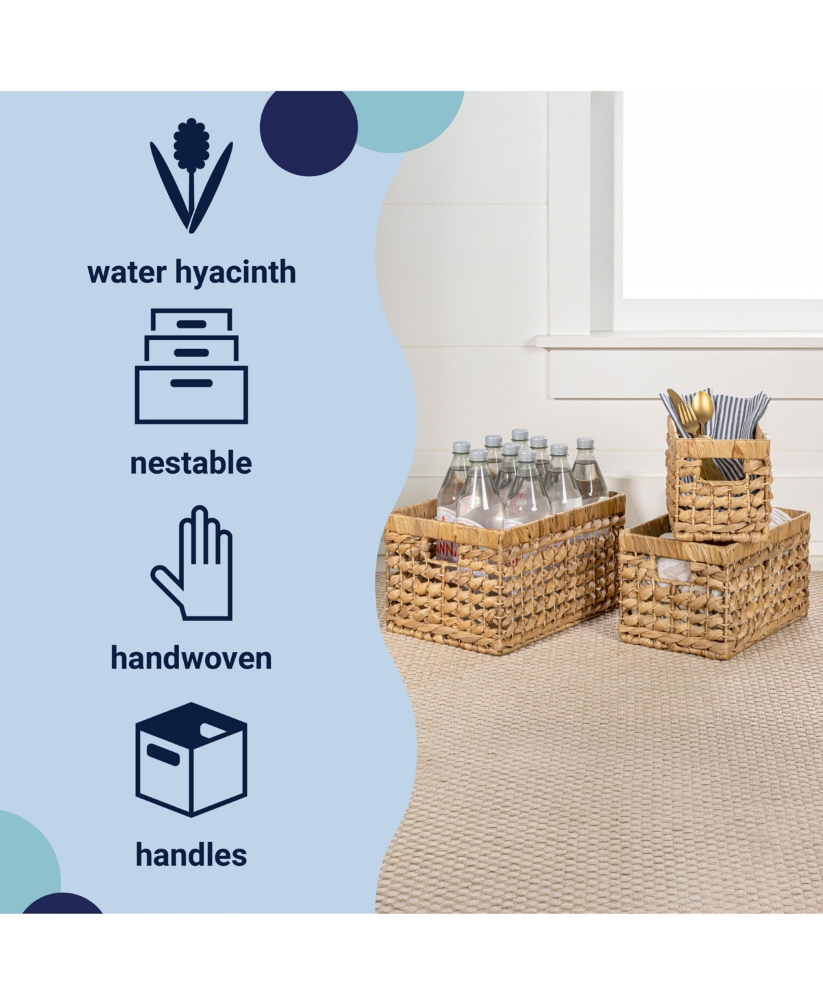 Hayden Bohemian Cottage Hand-Woven Hyacinth Rectangular Nesting Baskets with Handles (Set of 3)