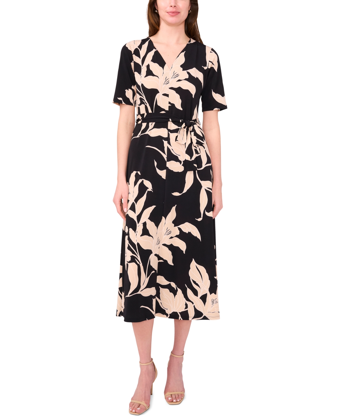 Msk Women's V Neck Tie Waist Maxi Dress