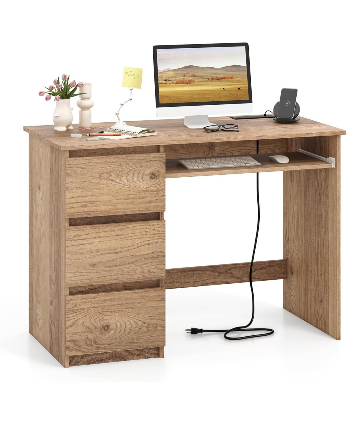Mecale Computer Desk with Power Outlet Keyboard Tray and 3 Large Drawers