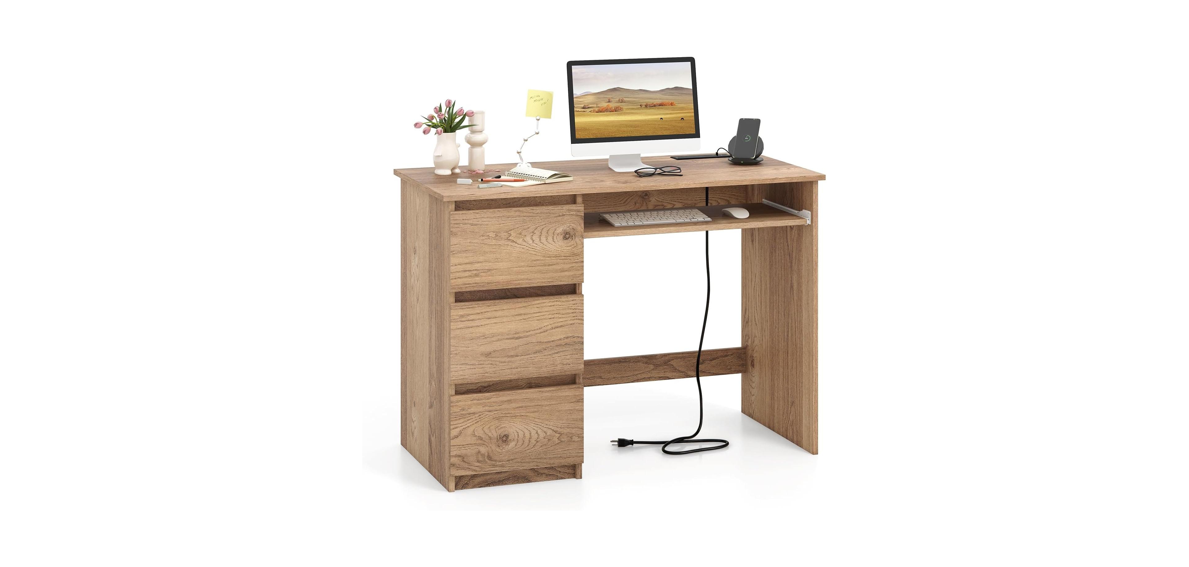 Mecale Computer Desk with Power Outlet Keyboard Tray and 3 Large Drawers