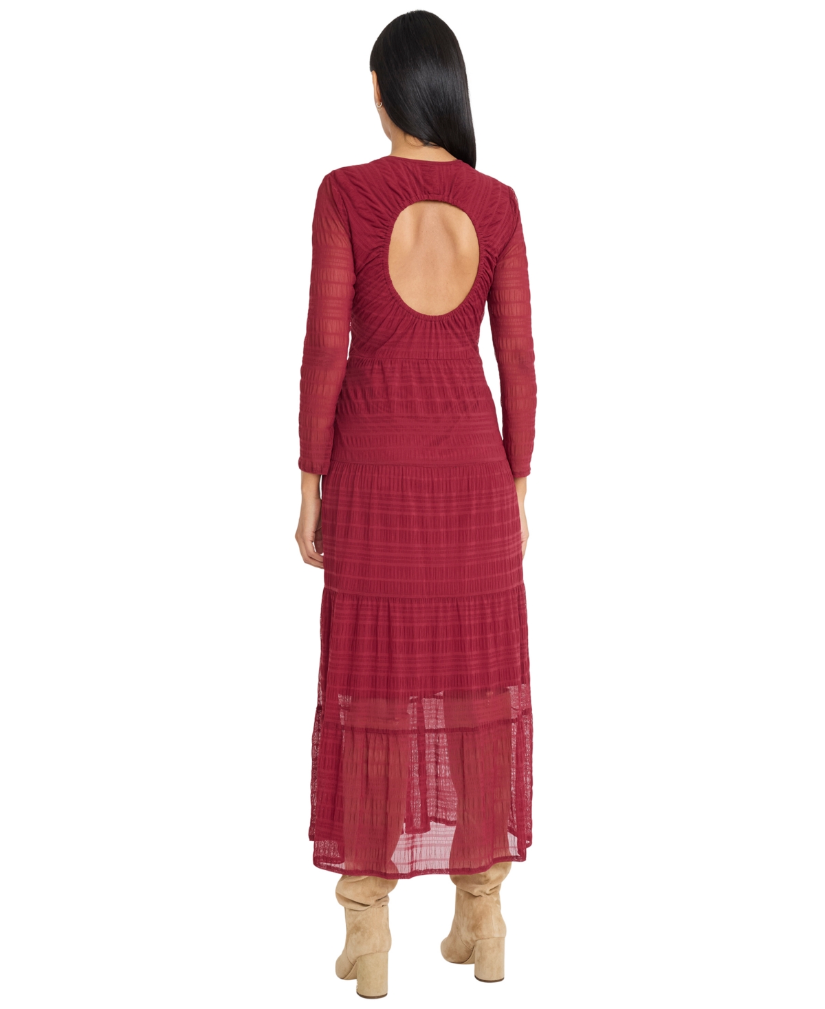 The Good Journey Midi Dress With Keyhole Back And Tier Dress In Brown