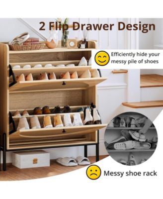 Shoe Cabinet Storage with 2 Flip Drawers, Oak