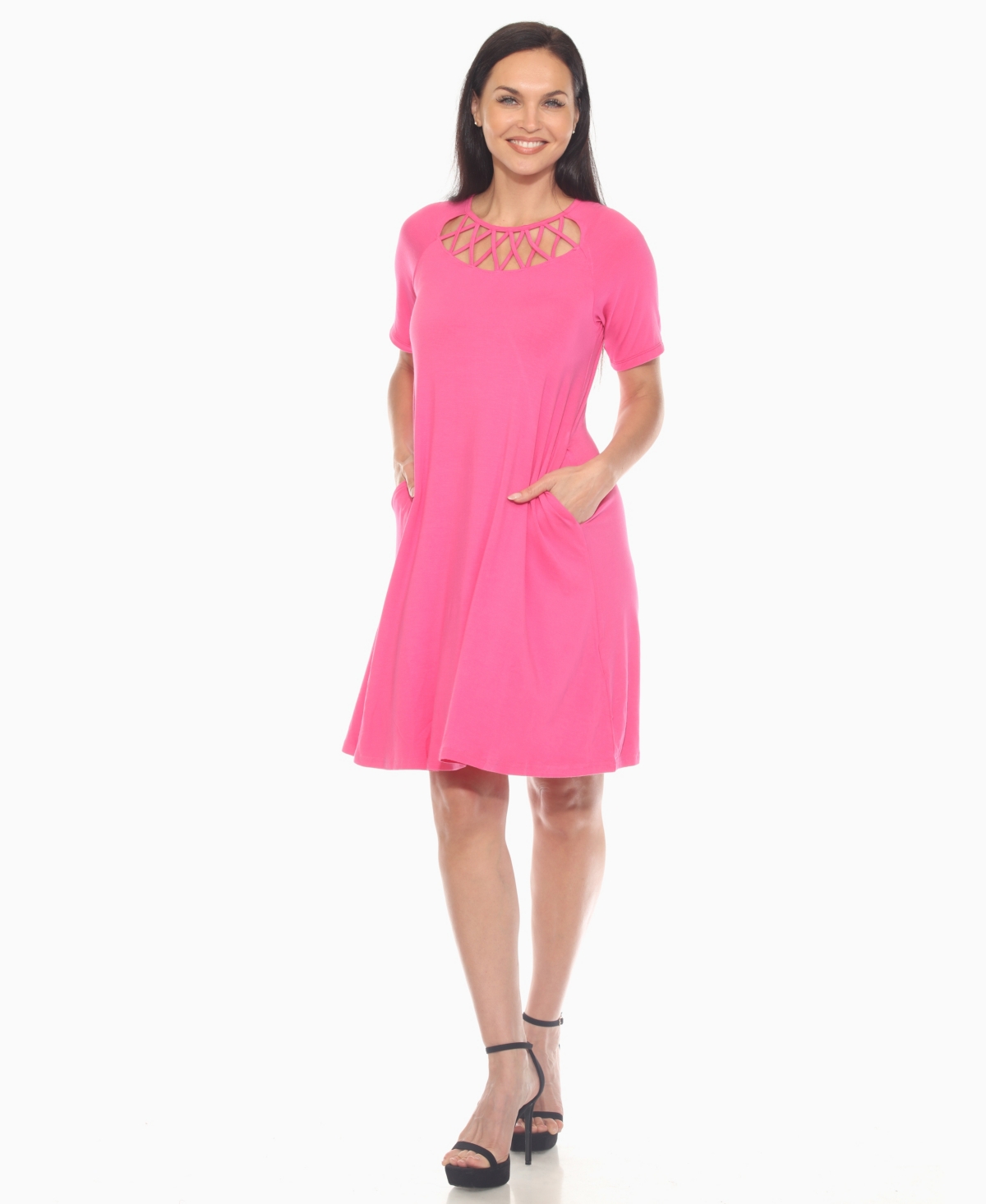 White Mark Plus Size Criss Cross Neckline 3/4 Sleeve Swing Dress In Pink