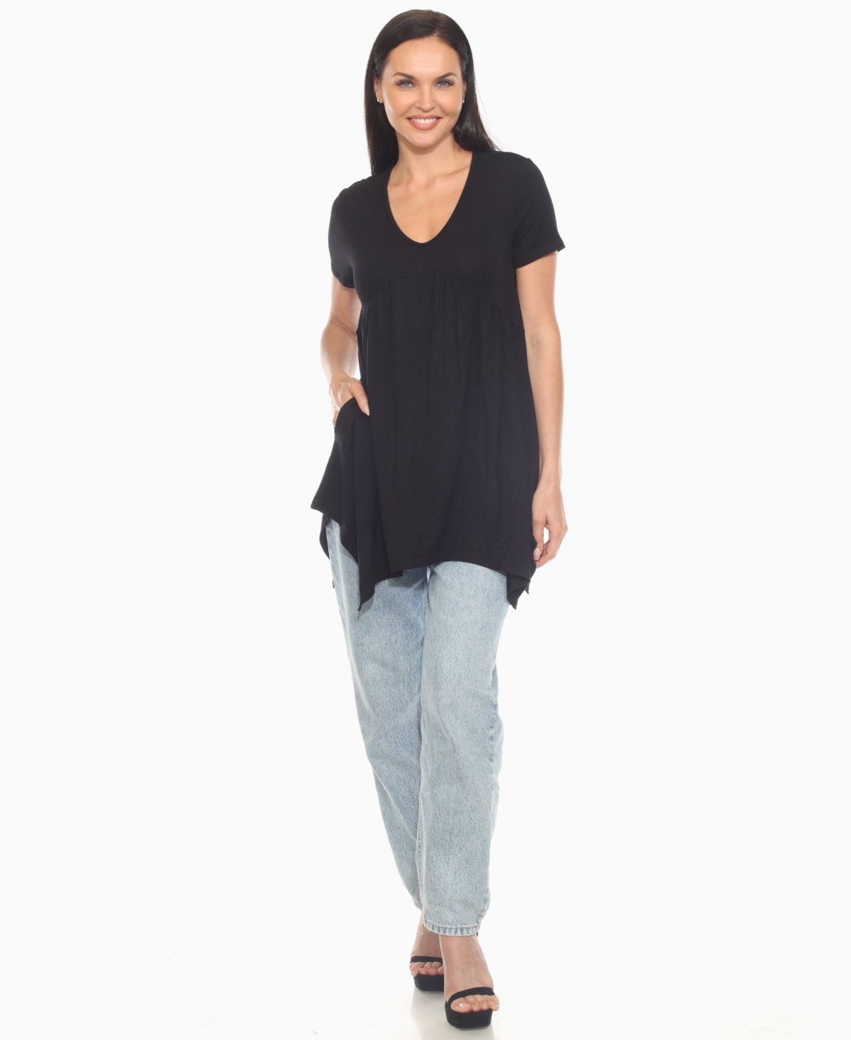 White Mark Women's Short Sleeve Shirred Front Knit Tunic Top In Black