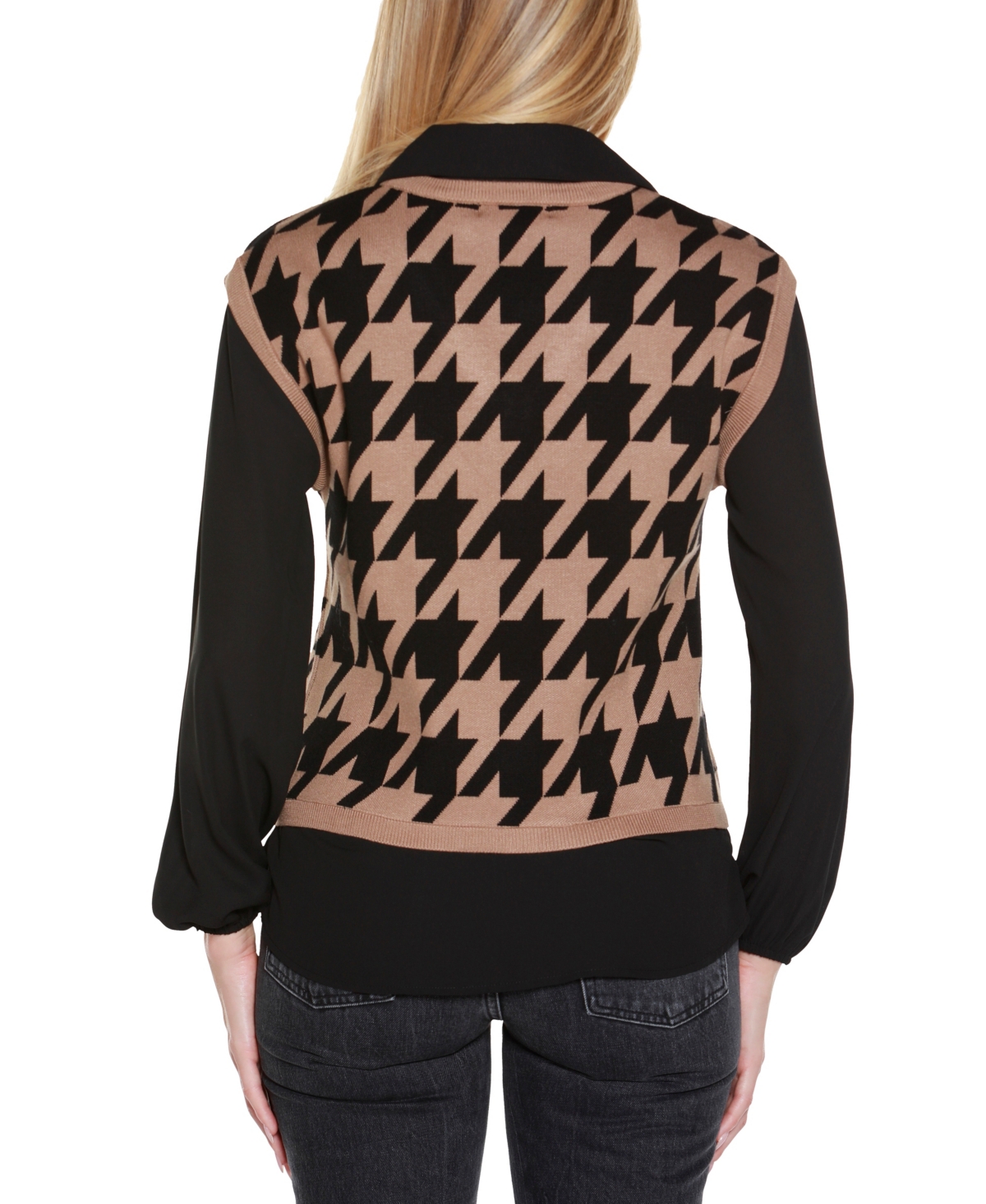 Belldini Plus Size Houndstooth Two-fer Sweater In Brown