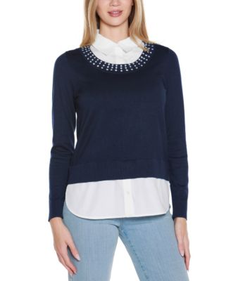 Women's Rhinestone-Neckline Two-Fer Sweater