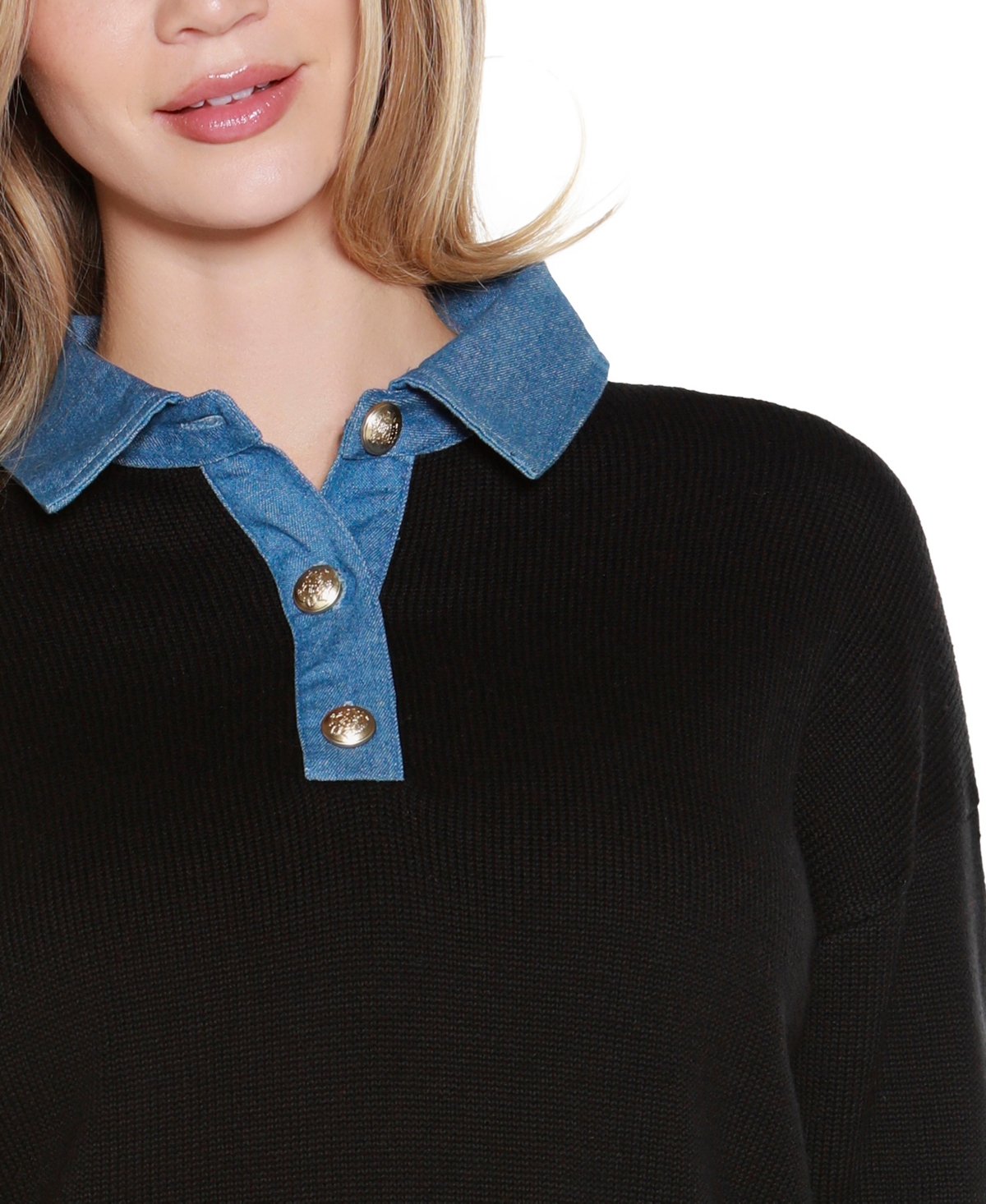 Belldini Plus Size Denim-trim Two-fer Sweater In Black