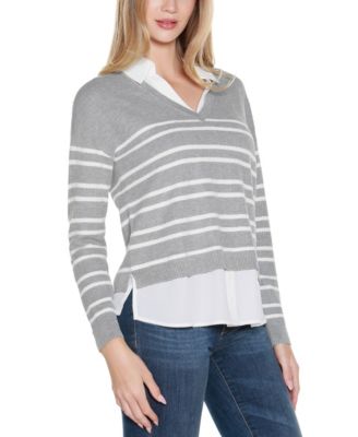 Women's Striped V-Neck Two-Fer Sweater