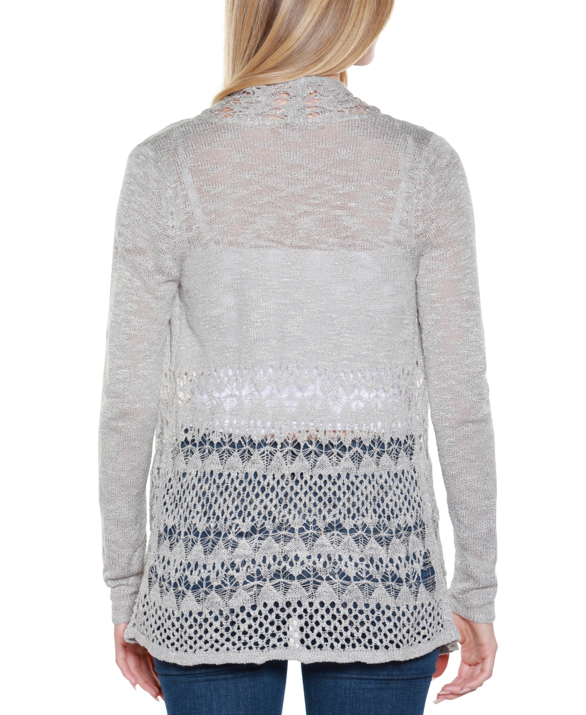 Belldini Women's Open-front Pointelle-trim Cardigan Sweater In Gray