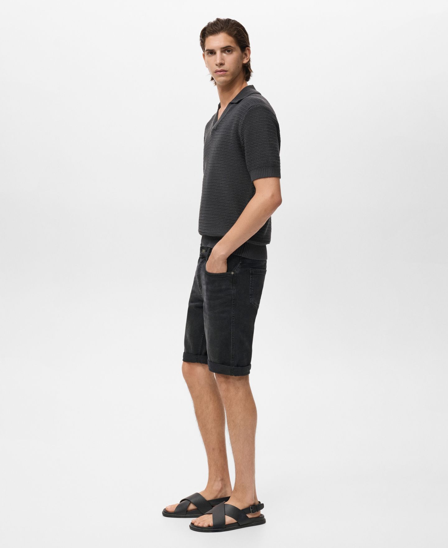 Мужские шорты MANGO Slim-Fit Denim Bermuda, цвет: Чёрный джинсовый — фото 5