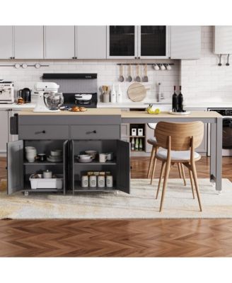74.5" Kitchen Island with Pull-Out Dining Table, Rolling Storage Cart with 2 Drawers, Cabinets & Spice Rack-Maison Boucle