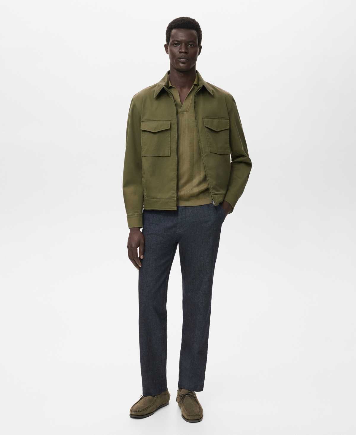 Mango Rib Johnny Collar Polo In Green
