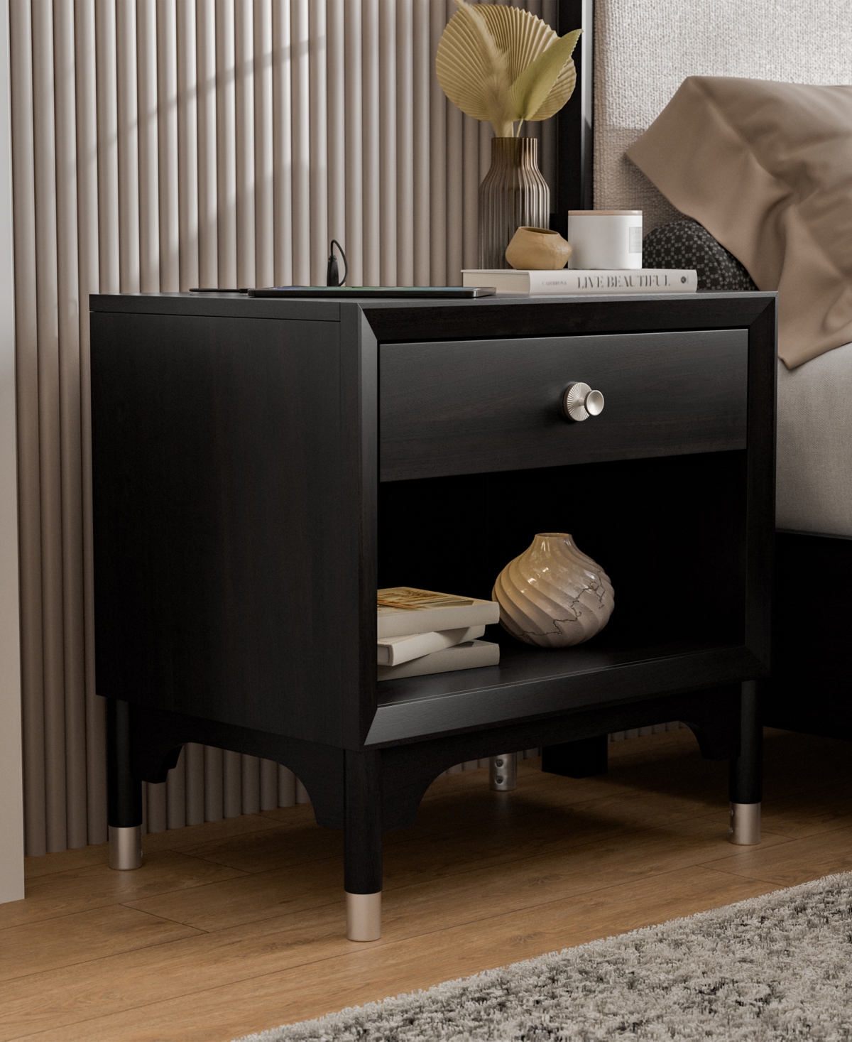 Furniture Of America Forma 26" Solid Wood 1-drawer Nightstand With Touch Light In Black