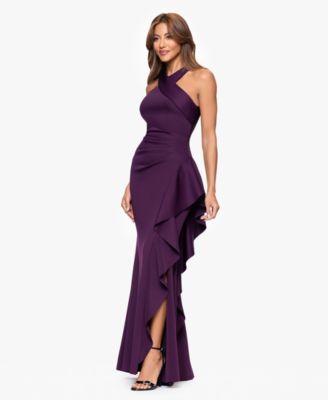 Women's Crisscross Halter Side-Ruffled Gown
