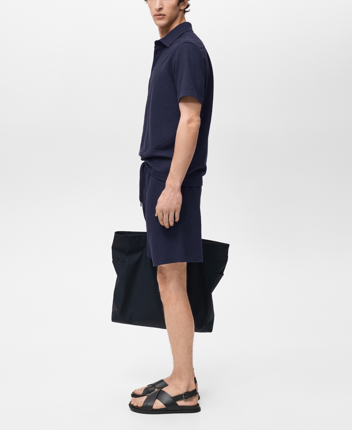 Mango Drawstring Seersucker Shorts In Blue