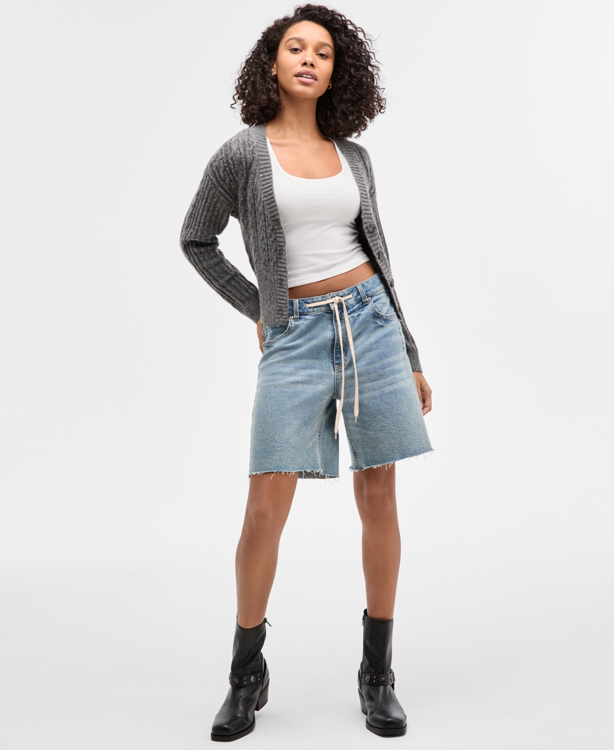Self Esteem Juniors' Cable-knit V-neck Cropped Cardigan In Multi