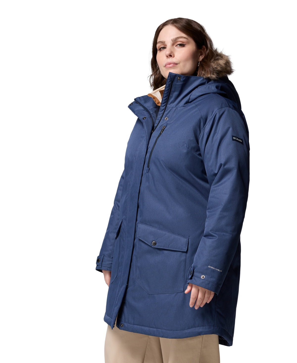 Columbia Plus Size Suttle Mountain Hooded Faux-fur-trim Long Insulated Coat In Blue