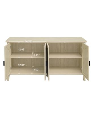 CASAINC 58.11" 4-Door Pine & Engineered Rattan Adjustable Shelves, Anti-Dumping Device, Non-Slip Pads Rattan Storage Cabinet