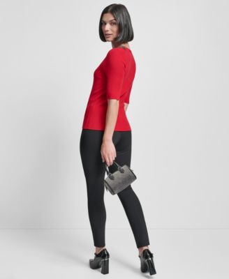 Dkny Womens Embellished Neck Half Sleeve Ribbed Sweater Slim Leg Pull On Ponte Ankle Pant In Red