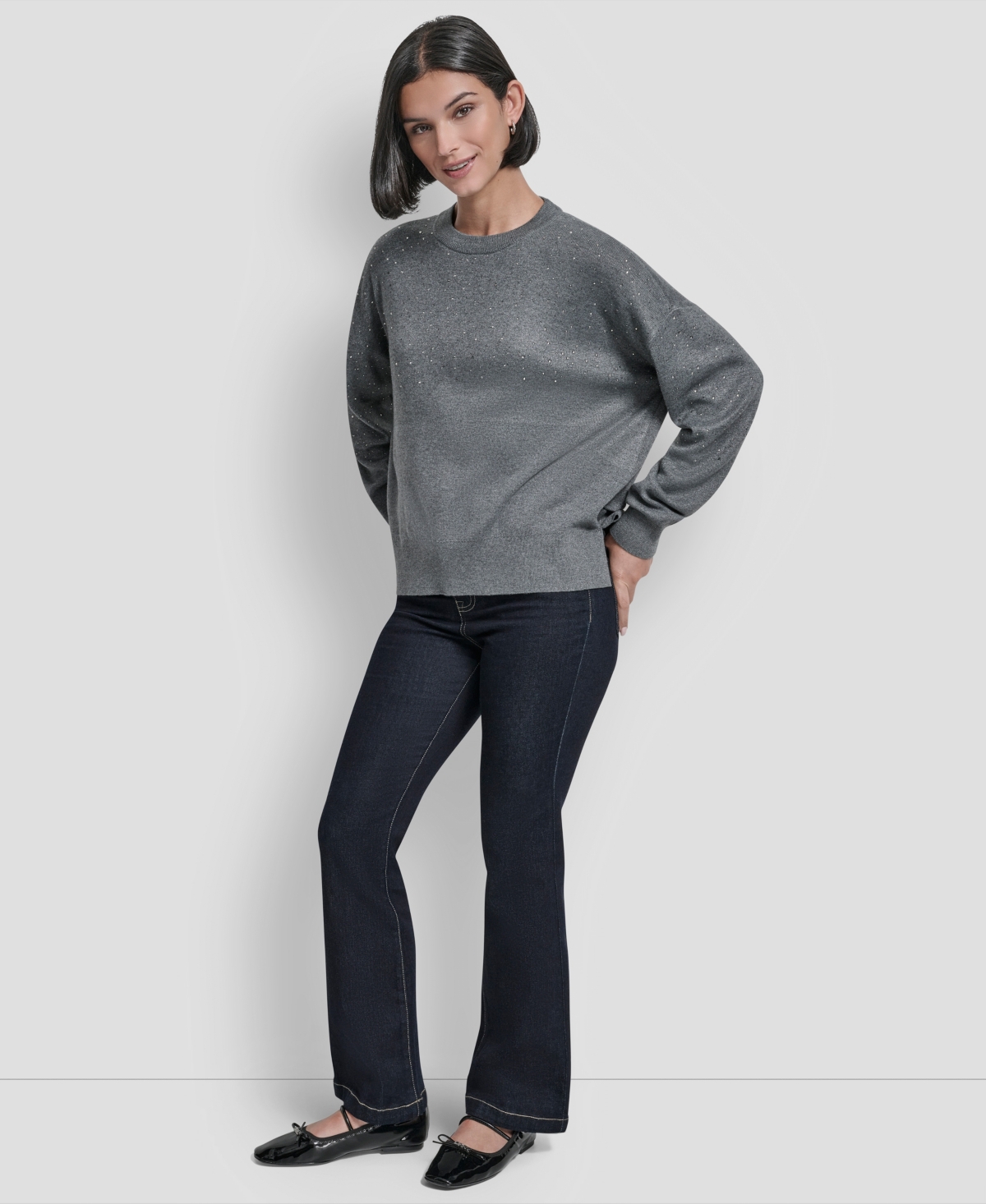 Dkny Women's Sparkle Hotfix Long Sleeve Sweater In Gray