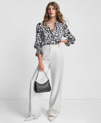 Dkny Womens Long Sleeve Printed Split Neck Button Front Top Stitched Crinkle Trousers In Black