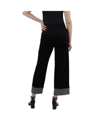 Black High-Rise Wide-Leg Cropped Cuff Tummy Tuck Jeans