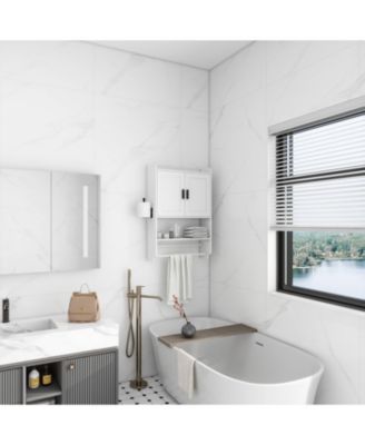 Bathroom Wall Cabinet with Doors, Adjustable Shelf, Towel Bar, and Paper Holder