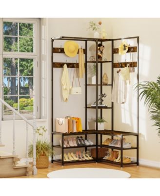 6 in 1 Coat Rack Shoe Bench Coat Rack Hall Tree with Bench Entryway Corner Coat Stand  Large Organizer