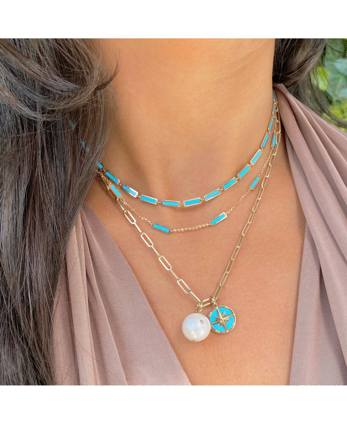 The Lovery Turquoise Bar Necklace 14K Gold inches