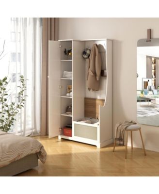 White Hall Tree with Bench - Spacious Storage Cabinet for Living Room, Entryway, Bedroom