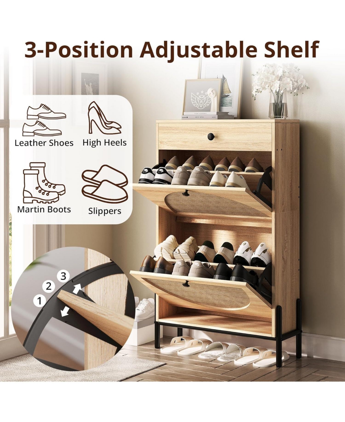 Ironck Shoe Cabinet with 2 Flip Drawers, Oak