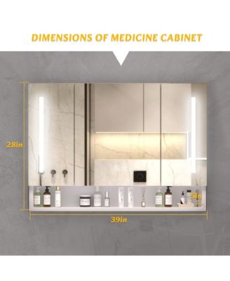 39×28 Inch Aluminum Bathroom Mirror Cabinet with LED Lights and Storage Compartments