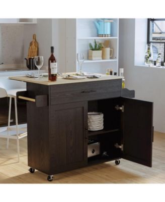Rolling Kitchen Island with Drop Leaf, Storage Cabinet, Drawer, Black